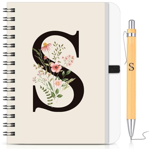 BBTO Personalisiertes Notizbuch mit Initiale S, Florales B6 Spiralnotizbuch mit Bambus Stift Set Tagebuch Geschenk für Schule Freundin Schwestern Frauen Kollegen Weihnachten Geburtstag Abschluss
