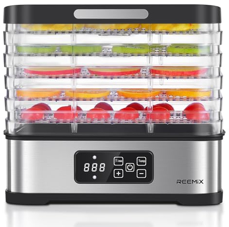 Food Dehydrator with 5 Stackable Trays, Stainless Steel Base for Kitchen Countertop, Adjustable Timer & Temperature Touch Control for Dried Fruit, Herbs, Veggies and Beef Jerky (White)