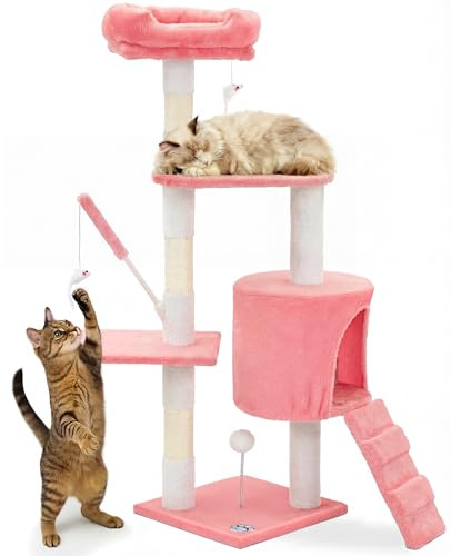 VOUNOT® Árbol Rascador para Gatos Altura 112 cm, Torre de Gatos Multiniveles, Rascador de Escalada Estable para Felinos Mascotas con Juguetes Postes de Sisal Plataformas Cueva Pelota, Rosa