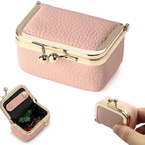 BAUCH Mini joyero de cuero,monedero portátil de piel auténtica,estuche para joyas con cierre de beso,mini caja de viaje para mujer,para pendientes, anillos,collares,pulseras,Rosa