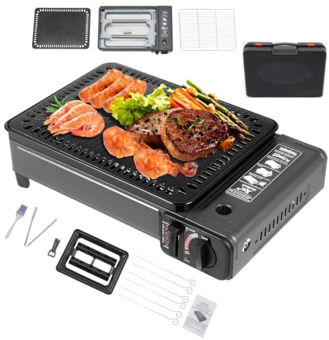 Barbecue Gaz Camping 2en1 Grille Plaque Réchaud 3,2kg Kit Mallette | Barbecue gaz camping 2en1 grille/plaque 3,2kg, réchaud double alim butane/GPL, flamme réglable, kit mallette.