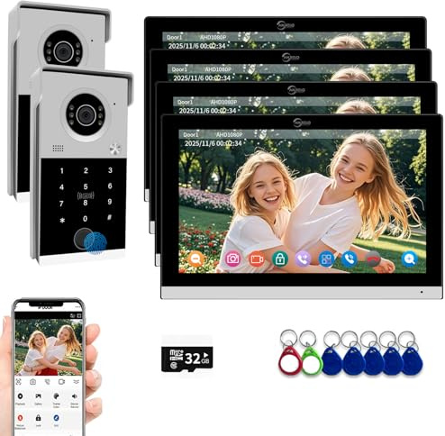 Video Door Phone Kit Apartment Intercom System, 10 Inch Touch Monitor, 1080P Doorbell, Fingerprint RFID Card Password Unlock, 32G (2 Doorbell + 4 Monitor) for Home Villa