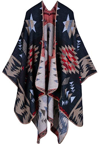 Shmily Girl Femme Cape Poncho Extra Large écharpe Châle Blanket Poncho Automne Hiver (One size, Motifs géométriques/Noir et café)