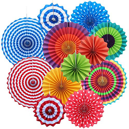 Yotako 12Pcs Party Decorations​​, Reusable ​​Paper Fan Decorations​​ with 3 Sizes & Clips, Colorful Mexican Party Paper Decorations​​ for Birthdays, Carnivals, Indoor/Outdoor Events