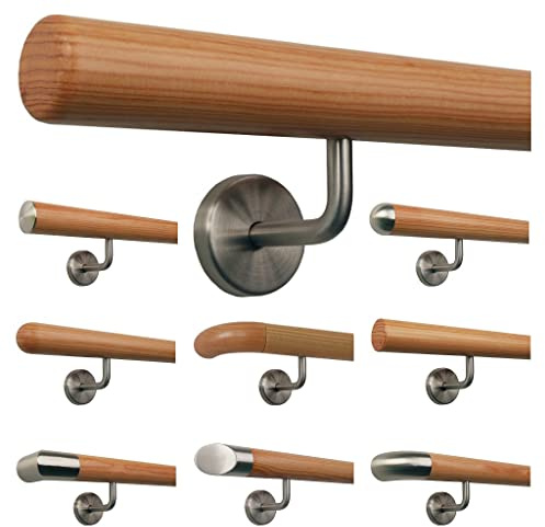 Lärche Holz Treppe Handlauf Geländer Griff gewinkelte Edelstahlhalter, Länge 30-500 cm aus einem Stück/Variante:70 cm mit 2 Halter - Enden: Radius gefräst