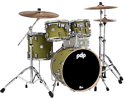 Pacific Drums & Percussion PDP Concept Maple 4-Piece Fusion, Satin Olive Drum Set Shell Pack (PDCM20FNSO), 8x10 & 9x12 Tom,14x14 Floor Tom, 16x20 Kick Drum