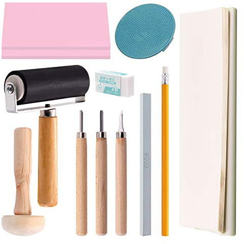 Swpeet Kit di 41 timbri in gomma, 1 pietra per affilare, coltello artigianale, rullo per inchiostro, timbri in plastica, timbri in legno e carta di riso per stampe, blocchi di linoleum