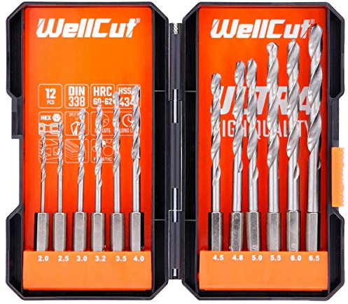 12 Piece Steel Drill Bit Set, hex Shank high Speed Steel Drill bits, 2-6.5mm High Speed Steel, Quick Change Drill bits, 1/4 Hex Shank