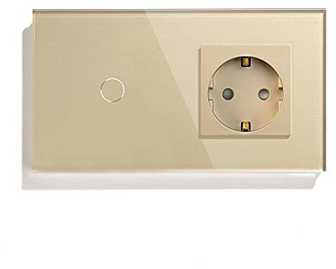 NGHSDO Interrupteur Tactile 1 Gang 1 Way 2 Way Touch Switch avec Prise Murale Standard Socket 3 Couleurs Panneau en Verre 157mm Interrupteur de lumière Tactile (Color : Gold, Size : 1 Way)