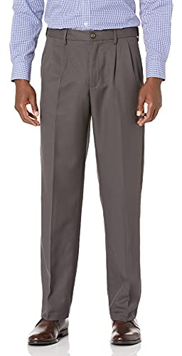 Amazon Essentials Men's Classic-Fit Expandable-Waist Pleated Dress Pant, Dark Grey, 48W x 32L