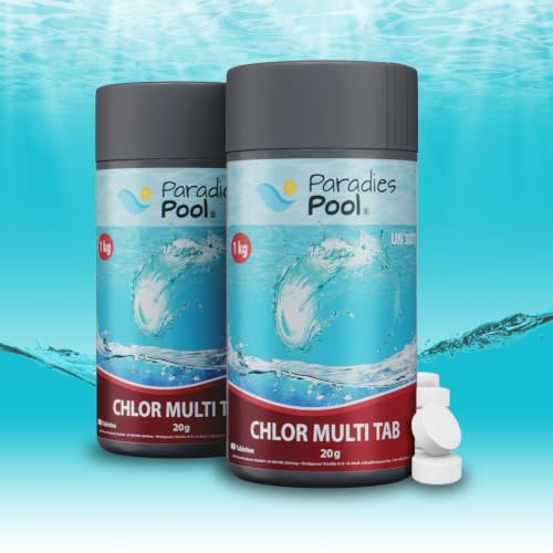 Paradies Pool Multi Tabs 20 g 2 kg, Quattro Multi Tabletten mit Chlor, Algenschutz, Flockungsmittel, pH Stabilisator, zur Wasserbehandlung, Inhalt: 2 kg
