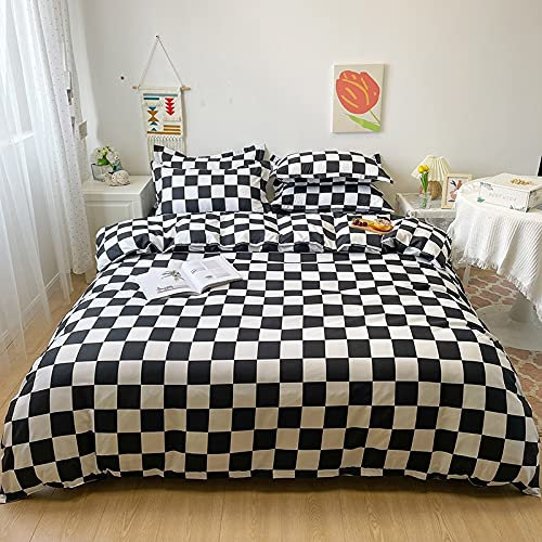 Lunoroey Parure de lit en microfibre douce à carreaux pour lit double (1 housse de couette et 2 taies d'oreiller) - Noir et blanc