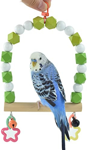 GUANLANT Wooden Bird Swing Perch for Parakeet, Small Birds Hanging Cage Stands Cockatiels Parrot Colorful Beads Bell Trainning Toy Playground Gym Accessories for Lovebirds Conures Budgies