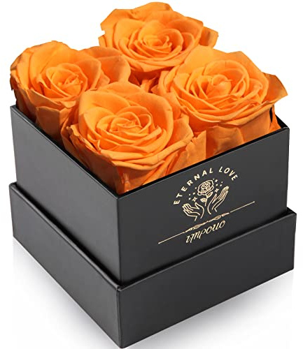 Impouo Rosenbox,4 Infinity Rosen,Konservierte Rose, Ewige Rose,Geburtstagsgeschenke FüR Frauen, Geschenke FüR Mutter/Freundin/Ehefrau/Oma, Geburtstag, Valentinstag,Orange Ewige Blume