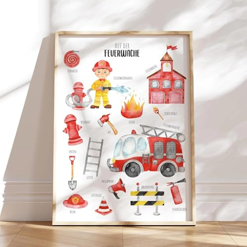 MeinBaby123® Bilder Kinderzimmer | DIN A2 Poster Feuerwehr | Feuerwehrauto, Feuerwehrmann | Deko Kinderzimmer Junge | Babyzimmer Deko | Wandposter Premium (Feuerwehr V1)
