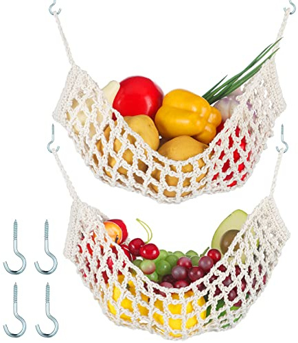 2 Stück Makramee-Obst-Hängematte für Küche unter dem Schrank, zum Aufhängen von Obstkörben für Küche, handgewebte Baumwolle, Gemüse-Bananen-Hängematte mit 4 Haken, Wohnmobil, Gemüseaufbewahrung | Wandbehang Obsthängematte für Küche, Obsthängematte Netz unter Schrank, Hängekorb, spart Platz auf der Theke, handgewebt