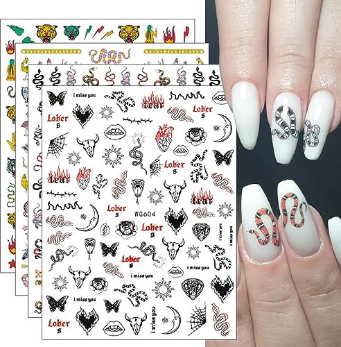 JMEOWIO Nagelsticker Halloween Schlange 8 Blatt Nail Art Sticker Selbstklebend Nagelaufkleber Goth Grusel Dekoration Nageldesign Zubehör