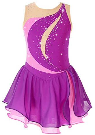 iEFiEL Mädchen Eiskunstlauf Kleid Glitzer Ballettkleid mit Rüschen Röckchen Ärmellos Ballett Trikot Body Wettbewerb Kostüm Gymnastikanzug Violett 122-128