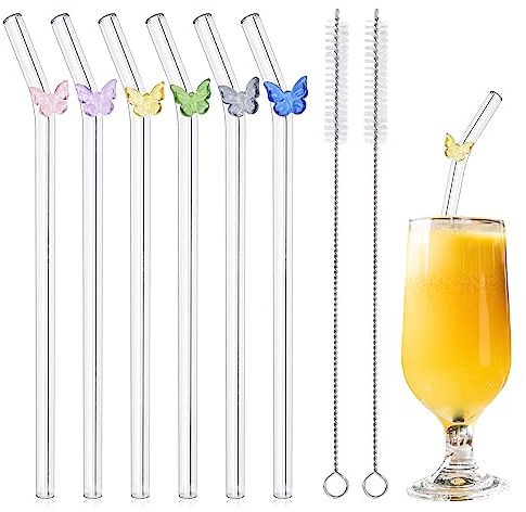 JINGIHE 6 Stück Glasstrohhalme, 20cm lang, Wiederverwendbar, Trinkhalme Glas, Bunte Schmetterling Design, Gebogen mit 1 Reinigungsbürste, Ideal für Säfte, Cocktails, Smoothie, Kaffee, Bubble Tea