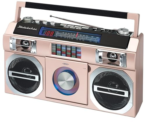 Studebaker SB2149RG Master Blaster Bluetooth Boombox with AM/FM Radio, USB Port, CD Player with MP3 Playback, LED EQ and 10 Watts RMS Speaker in Rose Gold