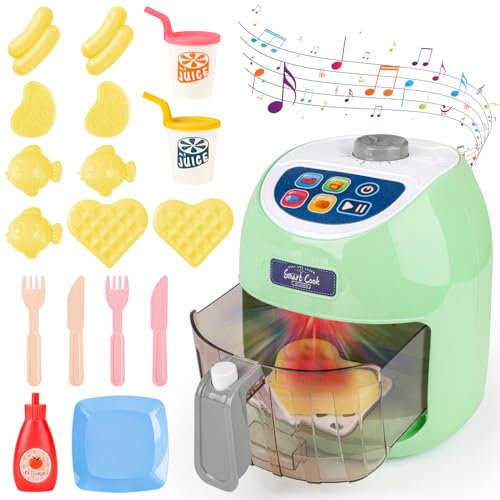 deAO Friteuse à Air, Ensemble de Jeu pour Enfants, Kit de Cuisine avec Sons,Lumières et Accessoires Alimentaires Changeant de Couleur-Set de Jouets de Cuisine pour Garçons et Filles