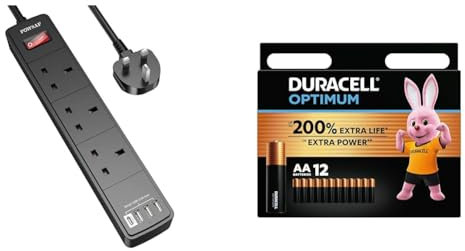 Extension Lead with 4 USB Slots (3.4A, 1 Type C and 3 USB-A Ports),POWSAF Power Strip Surge Protector & Duracell Optimum AA Batteries (12 Pack) - Alkaline Batteries 1.5V - Up To 200% Extra Life