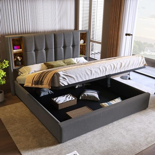 Merax Polsterbett 140x200cm mit Stauraum Kopfteil, Modern Doppelbett Bettgestell mit Kabellosem Laden USB C, Hydraulisch Stauraumbetten, Holz Lattenrost, Jugendbetten, ohne Matratze, Baumwolle, Grau