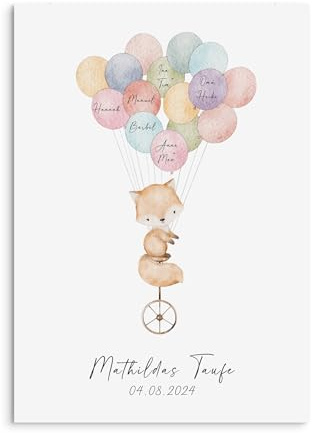 Nastami Gästeposter PERSONALISIERT mit Namen und Datum als Geschenk Taufe (Fuchs Einrad, DIN A3)