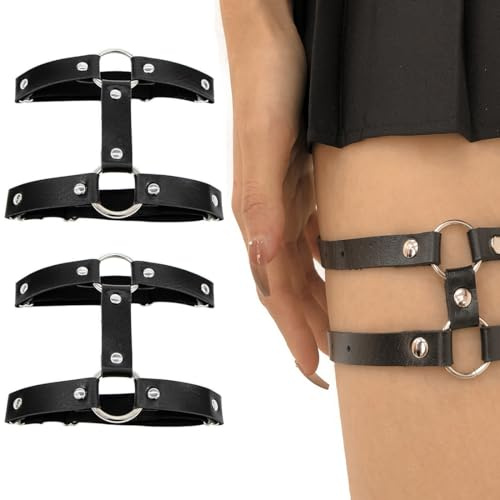 QEDBOJE 2 Piezas Liga de Cuero para Pierna, Liga Negra Ajustable de Doble Capa para Muslo, Clip Antideslizante, Accesorios para Fiesta de Halloween Rave Carnaval Cosplay