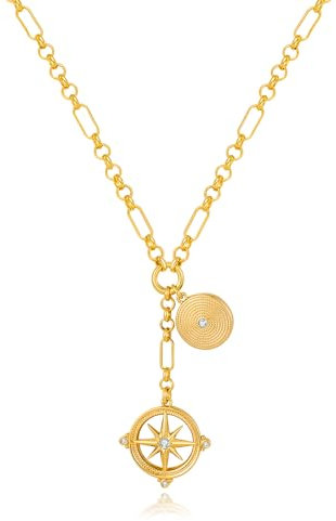 WOWORAMA Gold Star Charm Necklace for Women Gold Plated Compass Coin Pendant Necklace Guiding Star Choker Necklaces Link Chain Necklace