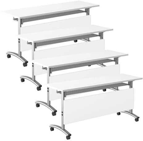 Klappbarer Konferenztisch mit Lenkrollen, tragbarer Besprechungstisch zum Lernen, Arbeiten, offener Schulungstisch mit Schallwand, weiß (4er-Pack, 139,9 x 59,9 x 75,7 cm)