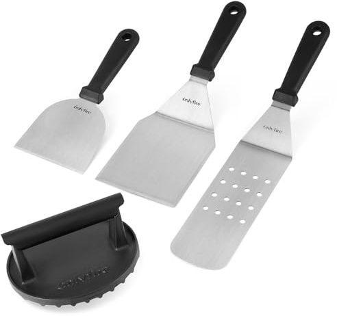onlyfire Plancha spatel set om 4 delar, inklusive grillspatel, spatel, lång perforerad spatel, gjutjärn smash hamburgarpress, grillbestickset för plancha, grillplatta, teppanyaki, gasgrill