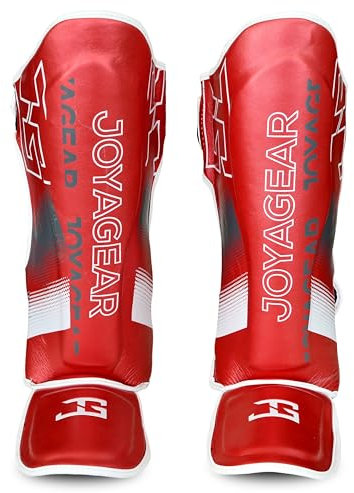 JOYAGEAR Schienbeinschoner Kickboxen - Evolution - Rot & Weiß - Größe L - Kampfsport Sparring Schienbeinschutz - Beinschutz Kickboxen Schienbeinschützer - Hergestellt aus thailändischem Mikrofaser