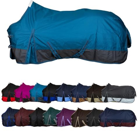 RL24 - Weidedecke 600D Basicline – Regendecke & Übergangsdecke – Wind- & wasserdichte Outdoordecke mit Innenfutter – Pferdedecke in Petrol/Graphit – 155cm (Polarfleecefutter)