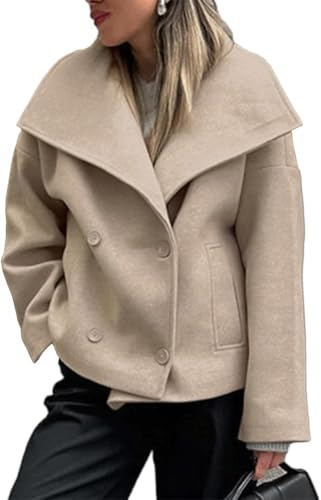 Donna Autunno e Inverno Lana Miscela Cappotto Corto Elegante Casual Doppio Petto Risvolto Abito Giacca Sciolto Moda Classico Cappotto Caldo (Kaki,S)