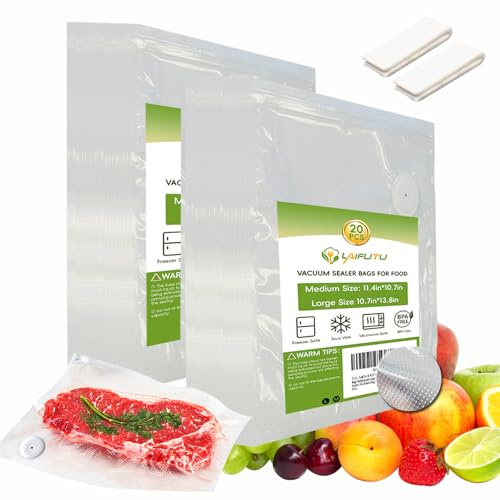 LaifuTu 20 PCS Vacuum Sealer Bags for Food, Freezer Bags Medium and Large,with 2 Closure Clips, Vacuum Storage Bags for Most Vacuum Sealers, Food Saver Bags, Vacuum Bags for Vegetables, Fruits, Meat
