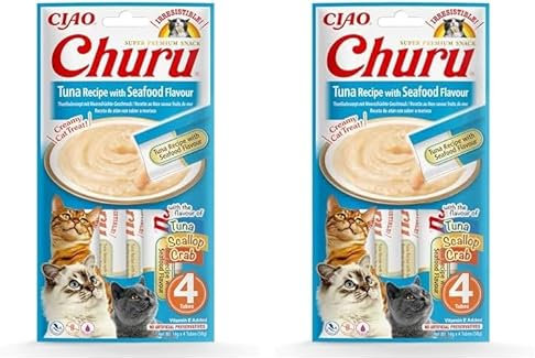 INABA Churu Püree Katzensnacks - Katzenpaste zum Füttern aus der Hand - Katzensticks mit Thunfisch & Meeresfrüchte - 4 Sticks x 14 g (Packung mit 2)