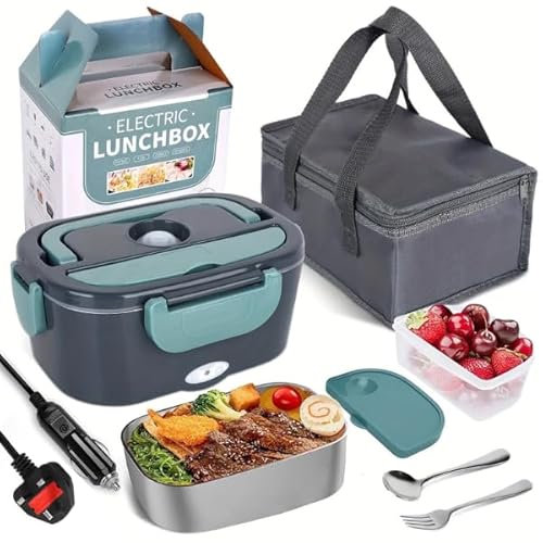 Electric Lunch Box 1.5L, Upgraded 60W Heated Lunch Boxes for Adults, 12V/24V for Car & 110V/240V for Home Food Warmer Lunch Box With Carry Bag Fork Spoon, Leak-Proof, Perfect for Car/Truck/Office