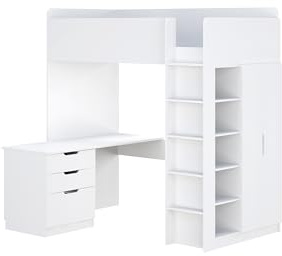 Shefa Kids Hochbett Mit Schreibtisch - 5-in-1 Hochbett Kinder Mit Treppe, Kleiderschrank Und Regal - Platzsparendes Jugendzimmermöbel, 206 x 107,9 x 199,3 cm, Ideal Für Kleine Räume