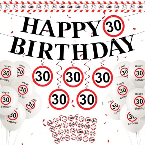 30 Geburtstag Deko Set, 30 Happy Birthday Ballon Rot Weiß, Verkehrsschild Geburtstag Deko mit Luftballons, Girlande, Aufkleber, Luftschlangen, zum Männer Frauen 30 Jahre Geburtstagsdeko Party Zubehör