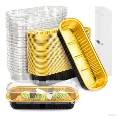BTSD-home 100 Pack Mini Loaf Cake Cases with Lids and Spoons,Rectangular Aluminum Foil Bread Pan,Mini Loaf Pans and Mini CakeTins with Lids 200ML(Black Gold,6.8oz)