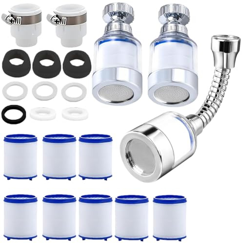 3 Stück Wasserfilter für Wasserhahn,360° Wasserhahn Filter für Küche, Spüle | Water Filter Tap mit 8 Stück Baumwolle Filterelement ,Wasserhahnfilter für Trinkwasser, Wasserfilter, Home Badezimmer