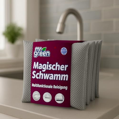mr.Green – 4er Set Wiederverwendbare Schwämme – Waschbar, Langlebig, Geruchsneutral – Für Küche & Bad – Umweltfreundlich & Kratzfrei (Grau)