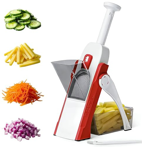 AEX Mandoline pliable | Hachoir à légumes réglable avec verrouillage de sécurité | Récipient sans BPA | Passe au lave-vaisselle pour pommes de terre, carottes, oignons, concombres