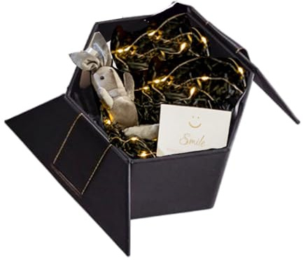 Geburtstags Geschenkbox mit LED-Beleuchtung｜Personalisiertes Sechseck Design für Frauen/Männer｜Mit Grußkarte + Geschenkpapier｜FSC Recycling (Schwarz, 600g hexagonale mittlere Größe)