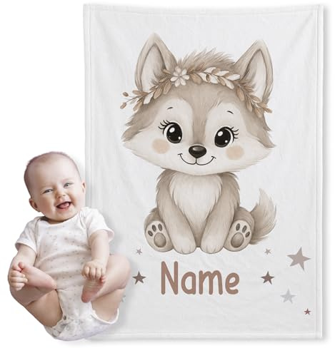 GRAZDesign Personalisierte Babydecke mit Wolf für Neugeborene – Kuschelige Geschenkidee zur Geburt mit Namen - Kuscheldecke