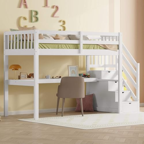 MQGPM Cama alta para niños de 90 x 200 cm con escritorio y espacio de almacenamiento, litera con escalera y somier, marco de cama con protección anticaídas, cama de almacenamiento para niños y