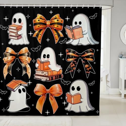 Homewish Rideau Douche 180x200cm Arc d'halloween, Rideaux de Douche Fantôme Mignon, Rideau de Baignoire Chauves-Souris Gothiques d'halloween, Rideaux Salle de Bain Livre de Silhouette Drôle,Noir