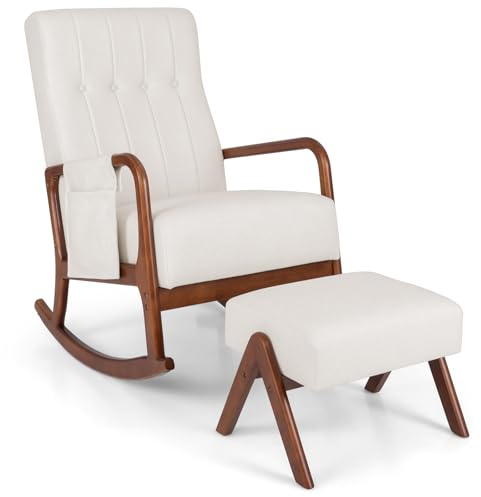 RELAX4LIFE Schaukelstuhl mit Ottomane, Schaukelsessel mit Liegefunktion, Schwingstuhl mit Armlehne & Aufbewahrungstasche, Gepolsterter Relaxsessel mit Holzrahmen für Wohnzimmer Schlafzimmer