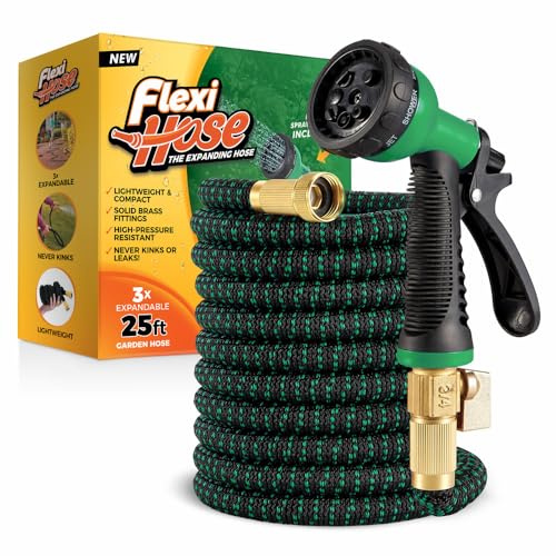 Flexi Hose with 8 Function Nozzle, 25FT - Lightweight Expandable Garden Hose, No-Kink Flexibility, 3/4 Inch Solid Brass Fittings and Double Latex Core - Black and Green